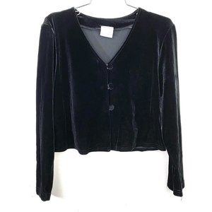 Beautiful black long sleeve button up velvet cardigan by Rabbit Rabbit Rabbit 90